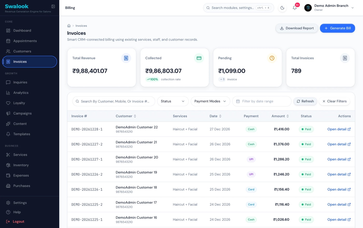Swalook CRM billing screen with demo invoices